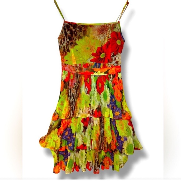 Simon Chang Dresses & Skirts - Simon Chang Multi-Color Neon Floral Tiered
Dress Sz 8 Multicolor Pleated